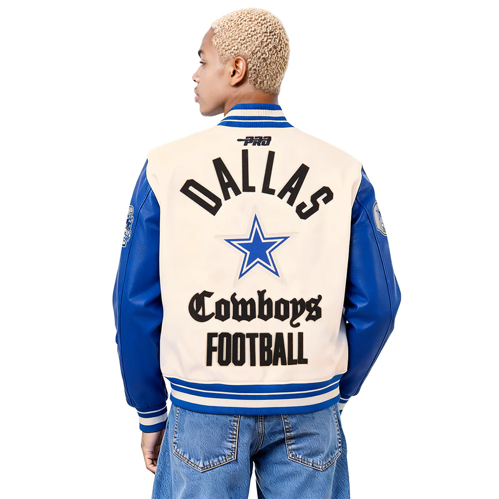 NFL DALLAS COWBOYS MODERN ORIGINALS MEN'S RIB WOOL VARSITY JACKET (EGGSHELL/DODGER BLUE) - Image 2