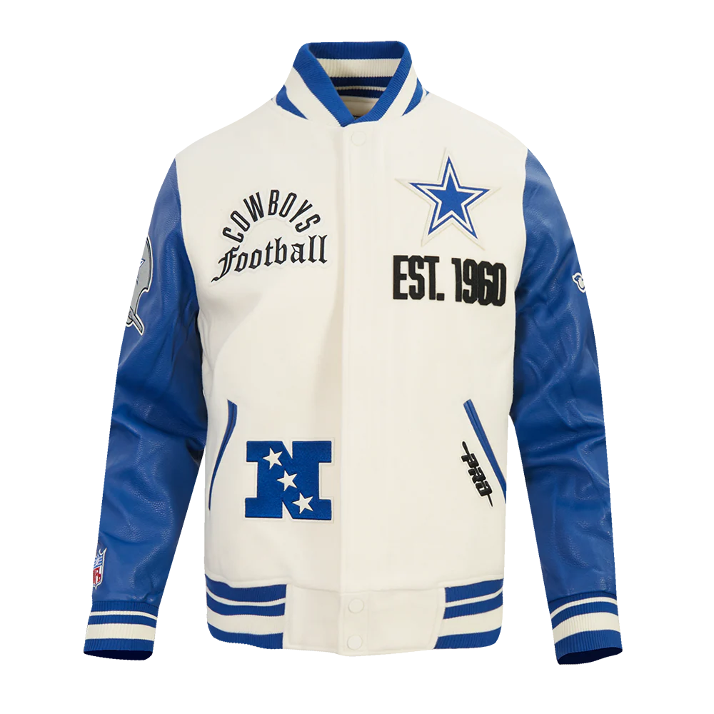NFL DALLAS COWBOYS MODERN ORIGINALS MEN'S RIB WOOL VARSITY JACKET (EGGSHELL/DODGER BLUE) - Image 3