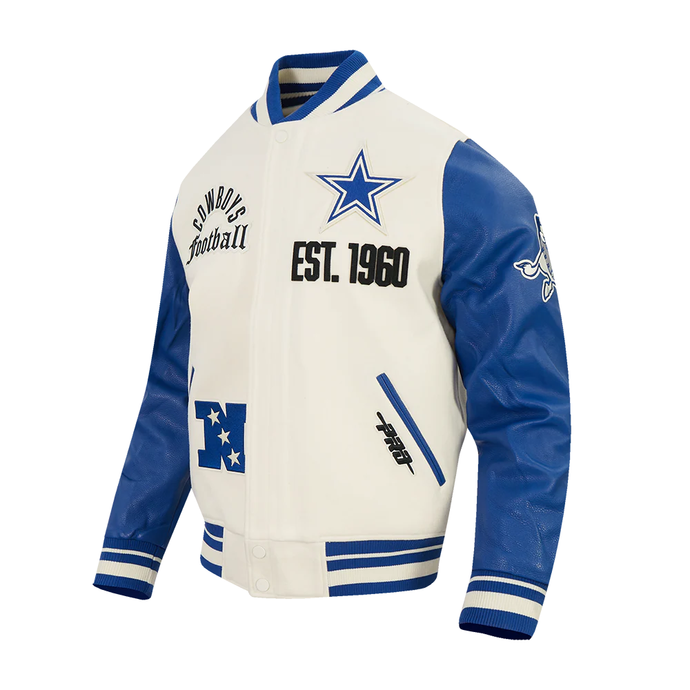 NFL DALLAS COWBOYS MODERN ORIGINALS MEN'S RIB WOOL VARSITY JACKET (EGGSHELL/DODGER BLUE) - Image 5