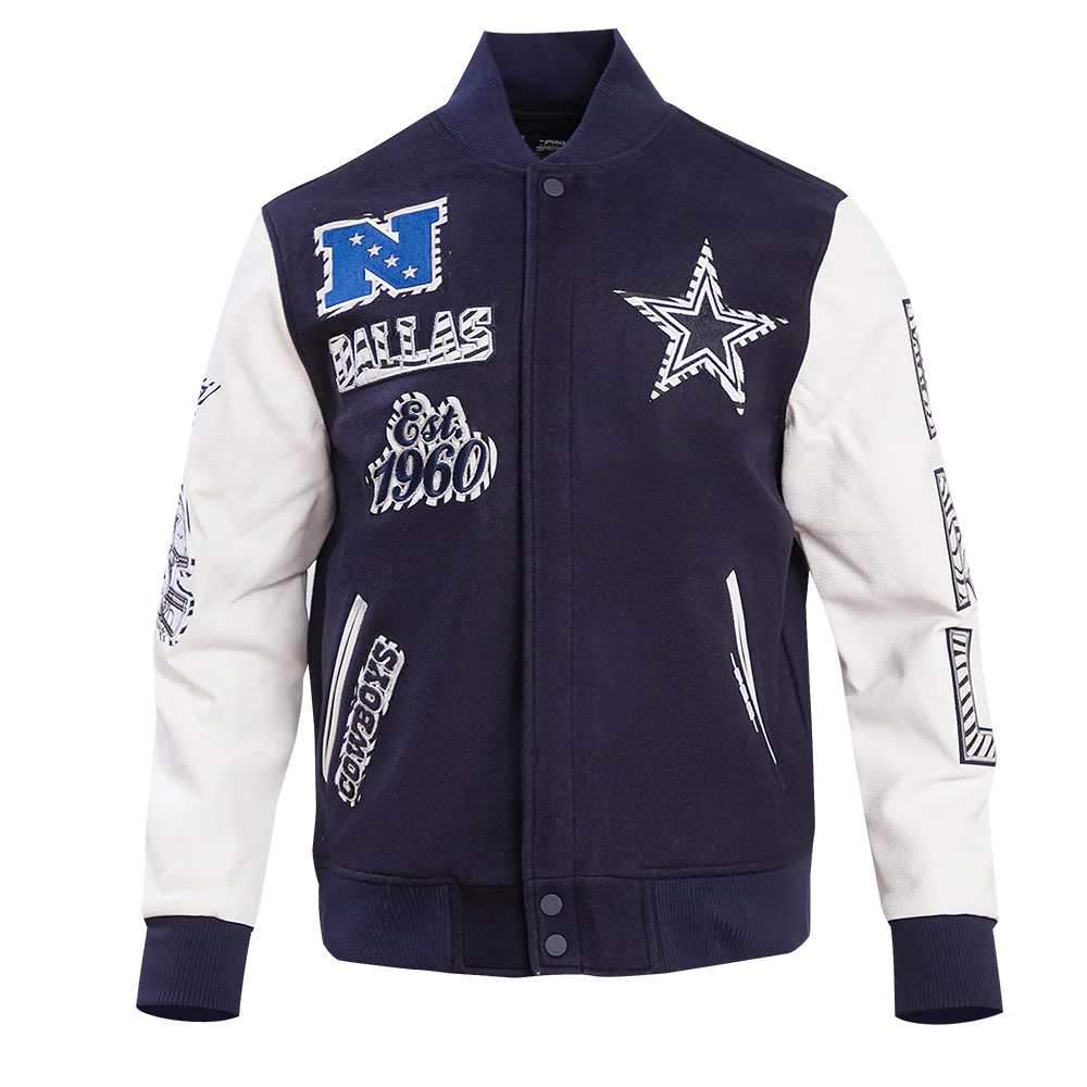 NFL DALLAS COWBOYS ANIMAL PRINT MEN'S WOOL VARSITY JACKET (MIDNIGHT NAVY/WHITE)