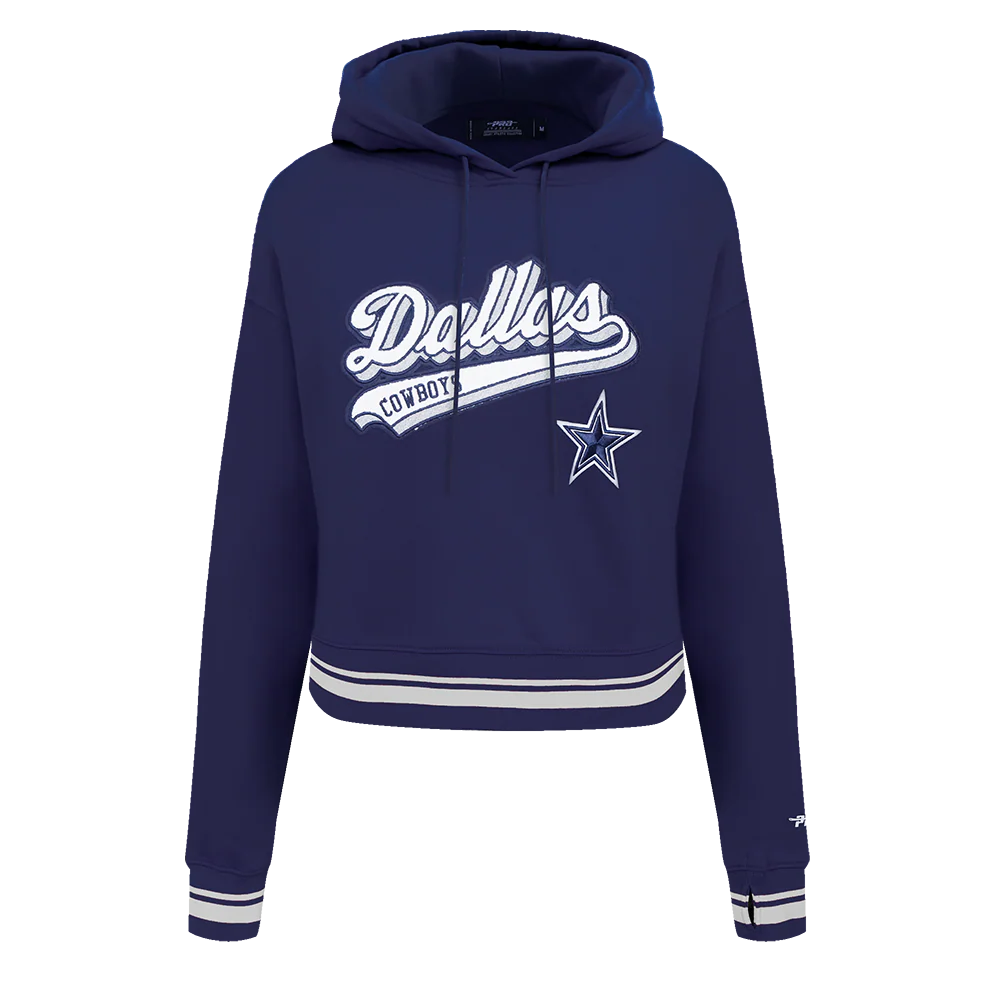 NFL DALLAS COWBOYS SCRIPT TAIL WOMEN'S RIB FLEECE CROPPED PULLOVER HOODIE (MIDNIGHT NAVY)