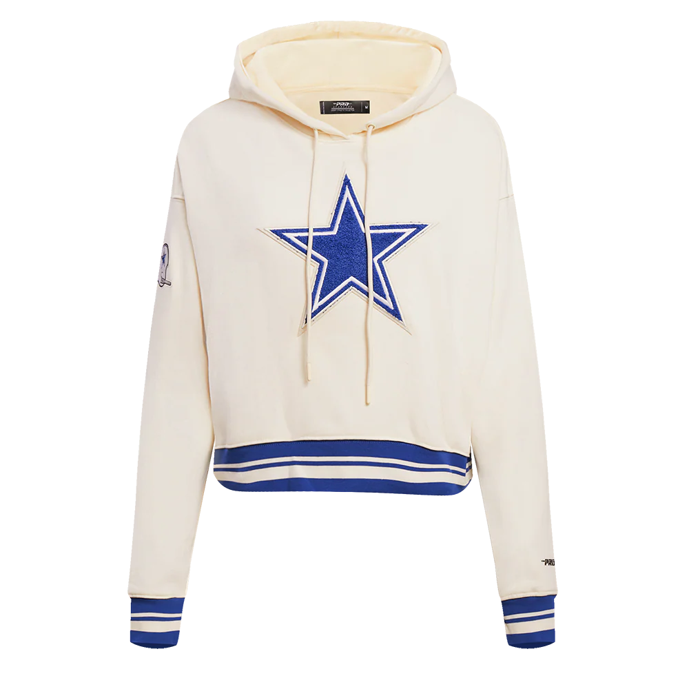 NFL DALLAS COWBOYS RETRO CLASSIC WOMEN'S CROPPED PULLOVER HOODIE (EGGSHELL/DODGER BLUE)