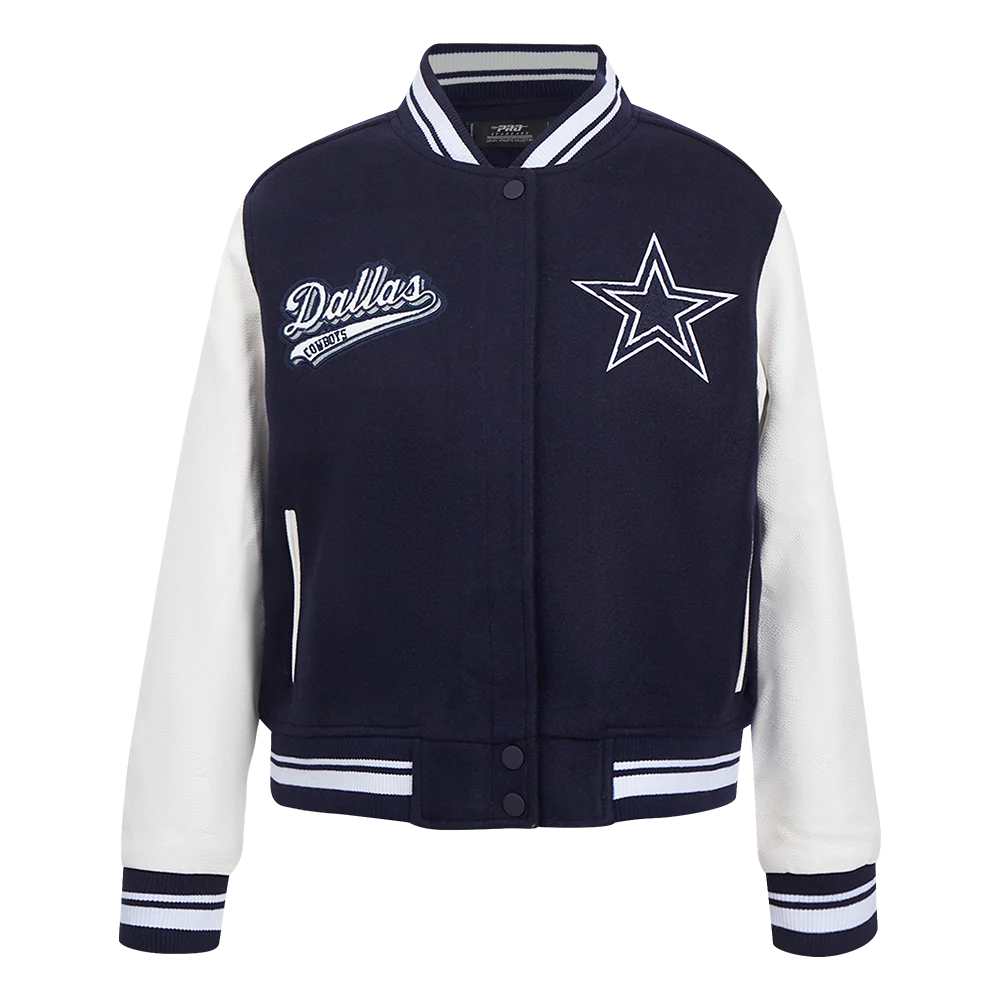 NFL DALLAS COWBOYS SCRIPT TAIL WOMEN'S WOOL VARSITY JACKET (MIDNIGHT NAVY/WHITE)