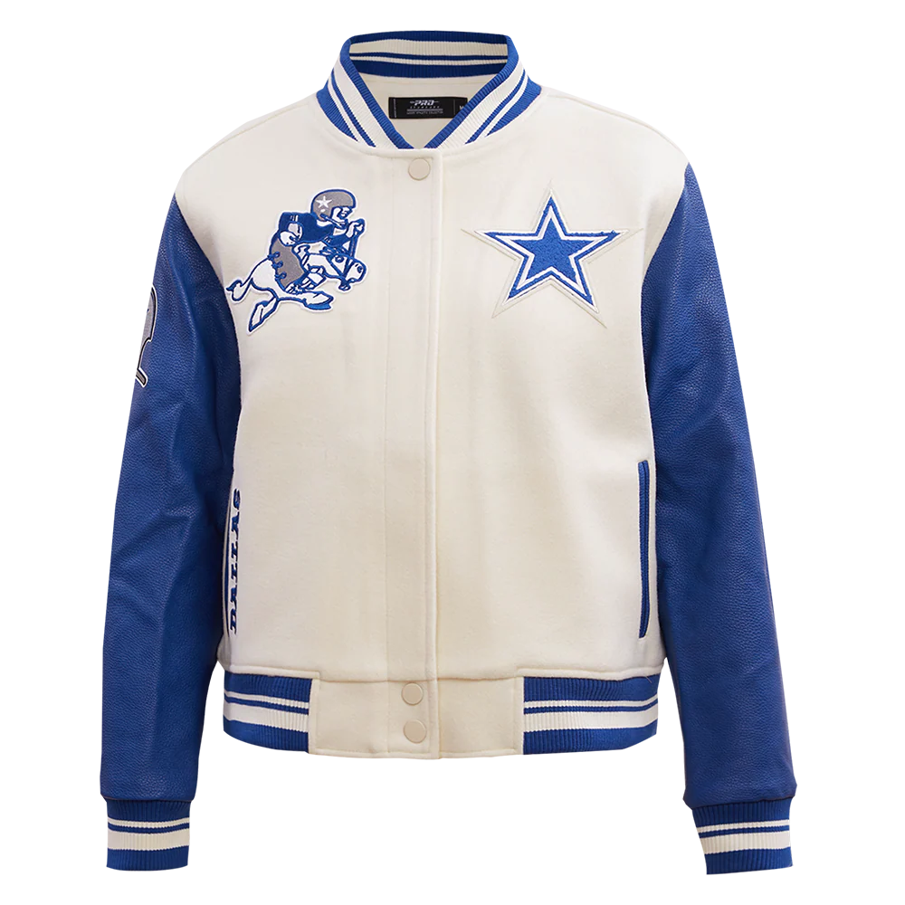 NFL DALLAS COWBOYS RETRO CLASSIC WOMEN'S RIB WOOL VARSITY JACKET (EGGSHELL/DODGER BLUE)