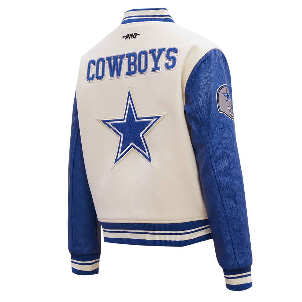 NFL DALLAS COWBOYS RETRO CLASSIC WOMEN'S RIB WOOL VARSITY JACKET (EGGSHELL/DODGER BLUE) - Image 3