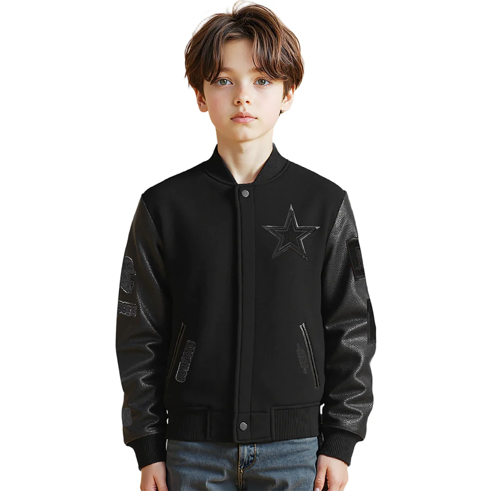 NFL DALLAS COWBOYS TRIPLE BLACK LITTLE BOYS WOOL VARSITY JACKET (JET BLACK) - Image 10