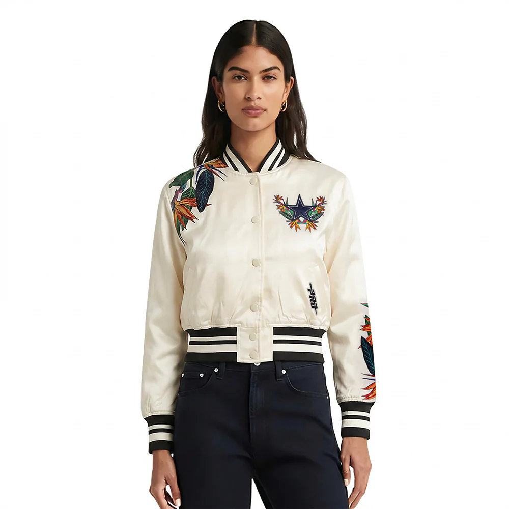NFL DALLAS COWBOYS PARADISE WOMEN'S SATIN JACKET (EGGSHELL/ BLACK)