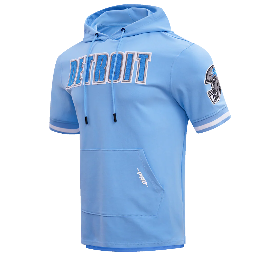 NFL DETROIT LIONS CLASSIC CHENILLE MEN'S DOUBLE KNIT SHORT SLEEVE PULLOVER HOODIE (UNIVERSITY BLUE) - Image 2