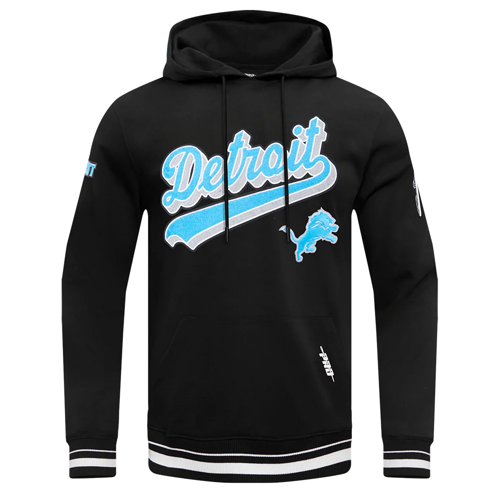 NFL DETROIT LIONS SCRIPT TAIL MEN'S RIB FLEECE PULLOVER HOODIE (BLACK) - Image 3