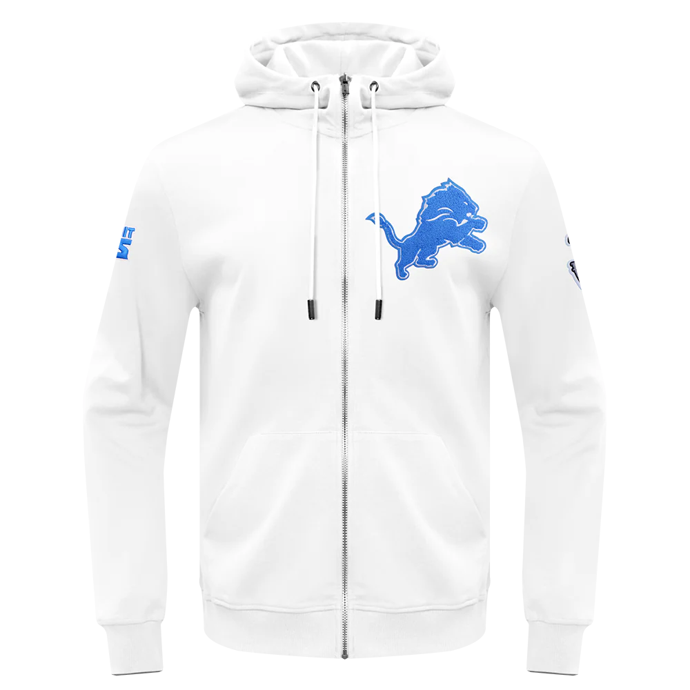 NFL DETROIT LIONS CLASSIC CHENILLE MEN'S DOUBLE KNIT  FULL ZIP PULLOVER HOODIE (WHITE)