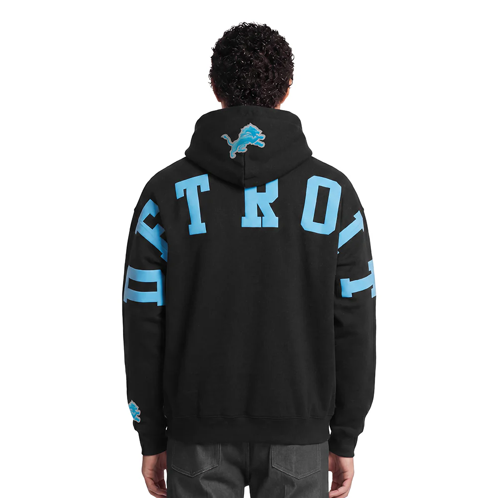 NFL DETROIT LIONS WINGSPAN MEN'S DROP SHOULDER FLEECE PULLOVER HOODIE (BLACK)