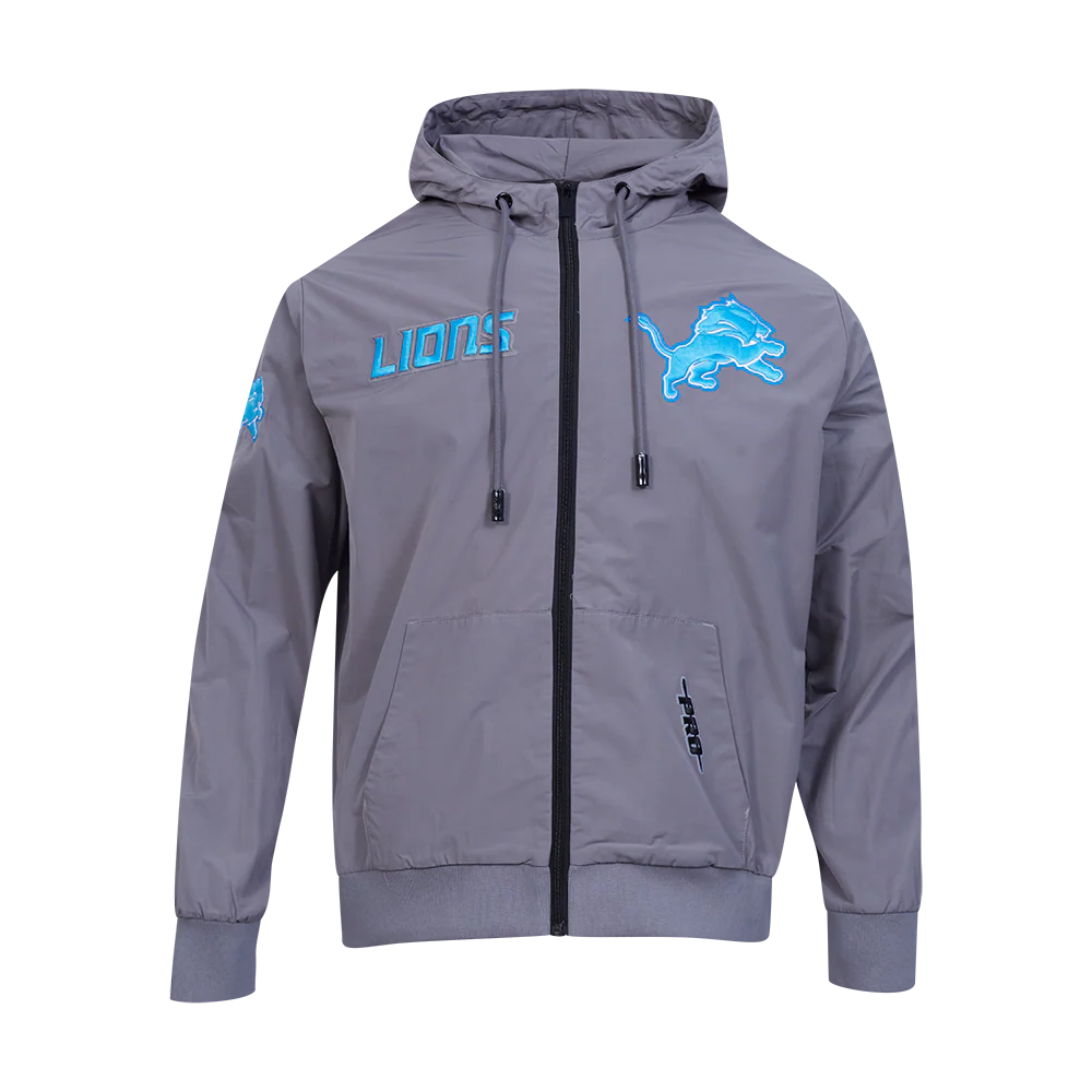 NFL DETROIT LIONS CLASSIC WIND SUIT MEN'S WOVEN FULL ZIP PULLOVER HOODIE (GRAY)