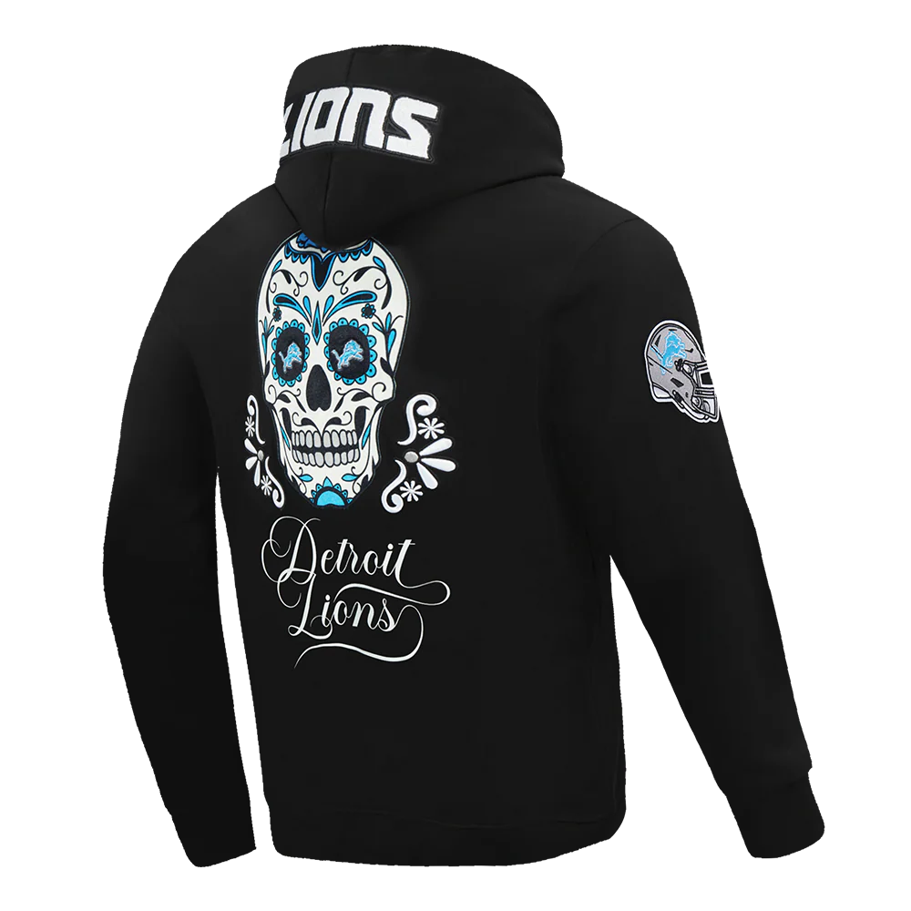 NFL DETROIT LIONS SUGAR SKULL MEN'S FLEECE PULLOVER HOODIE (BLACK) - Image 3