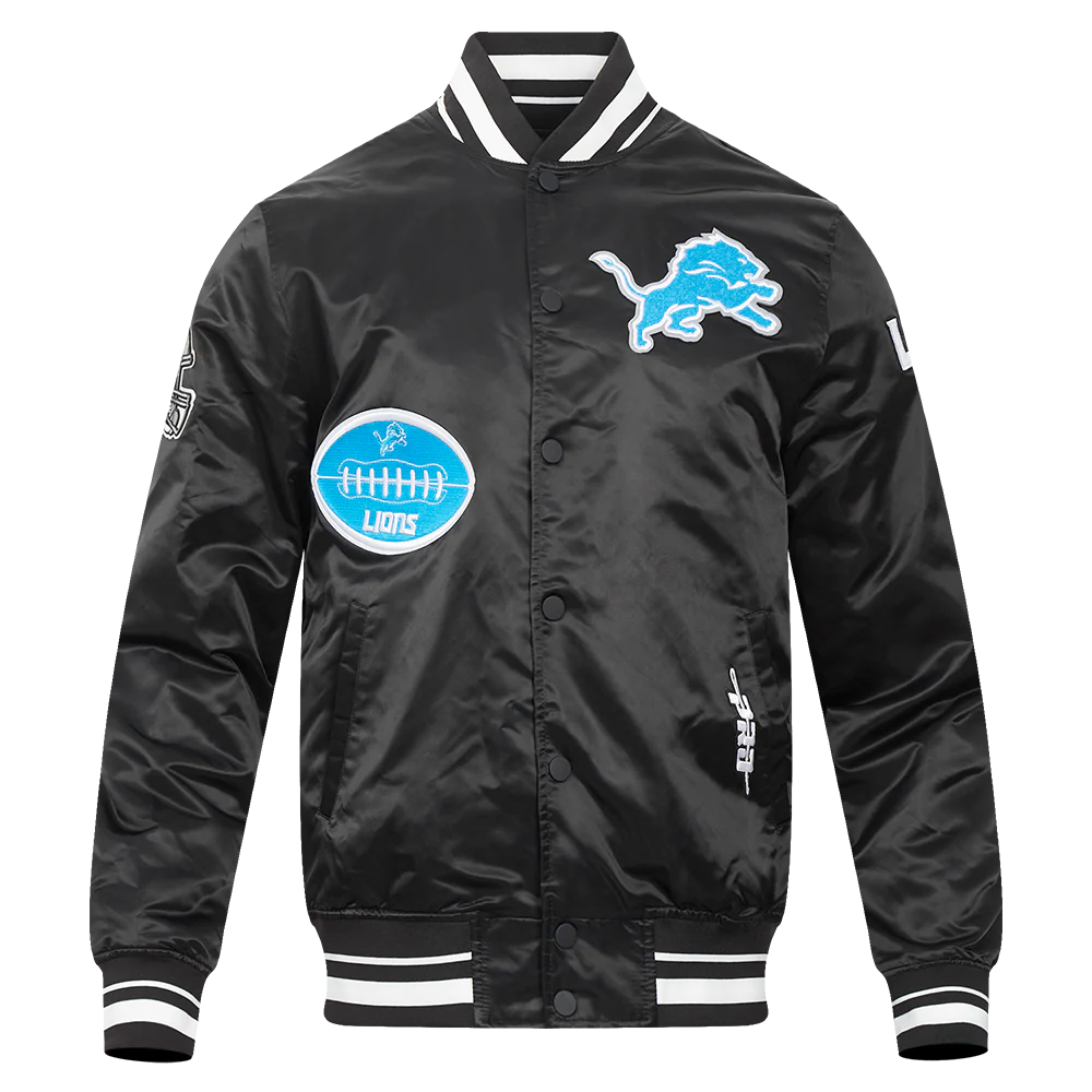 NFL DETROIT LIONS OLD ENGLISH MEN'S RIB SATIN JACKET (BLACK)