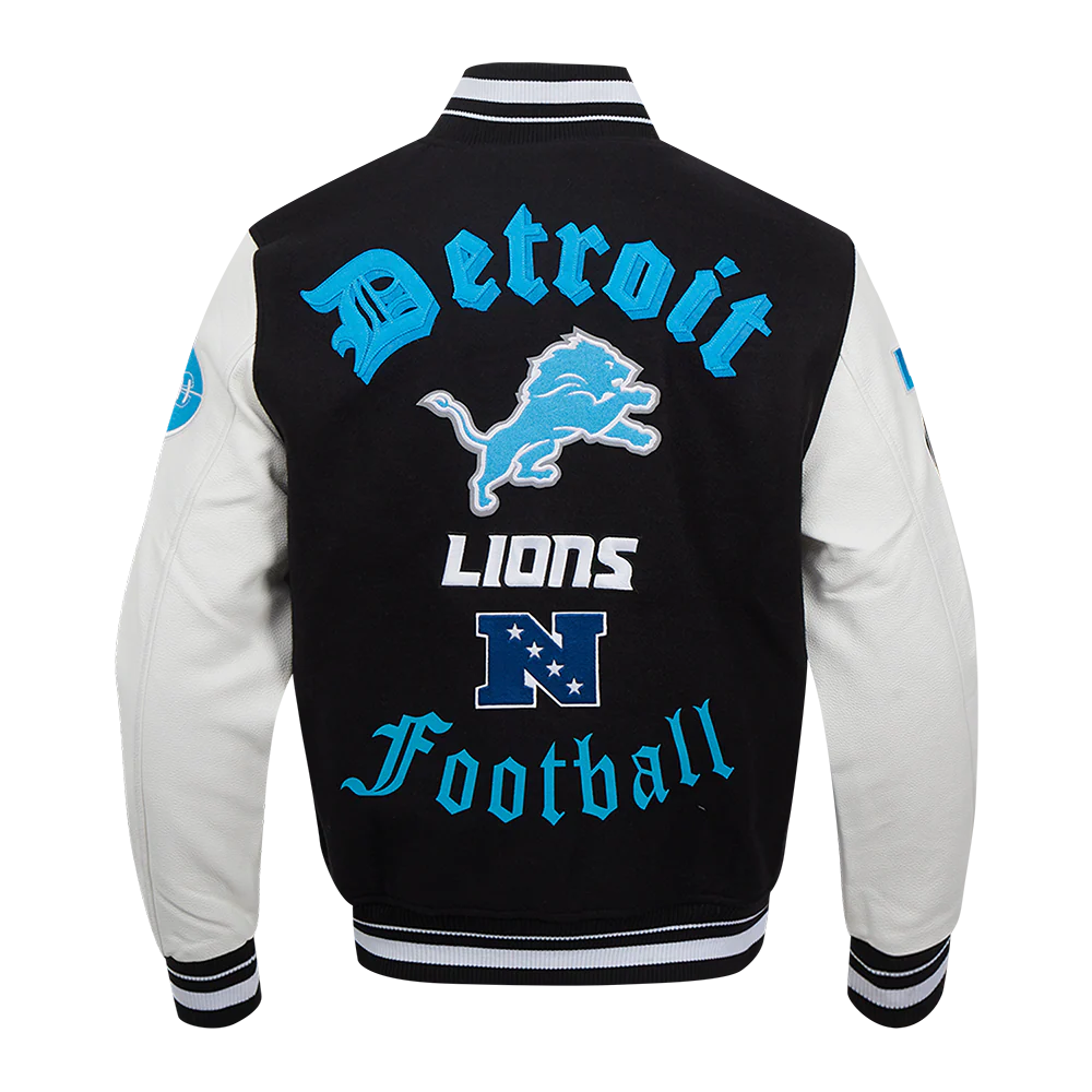 NFL DETROIT LIONS OLD ENGLISH MEN'S RIB WOOL VARSITY JACKET (BLACK/WHITE) - Image 3