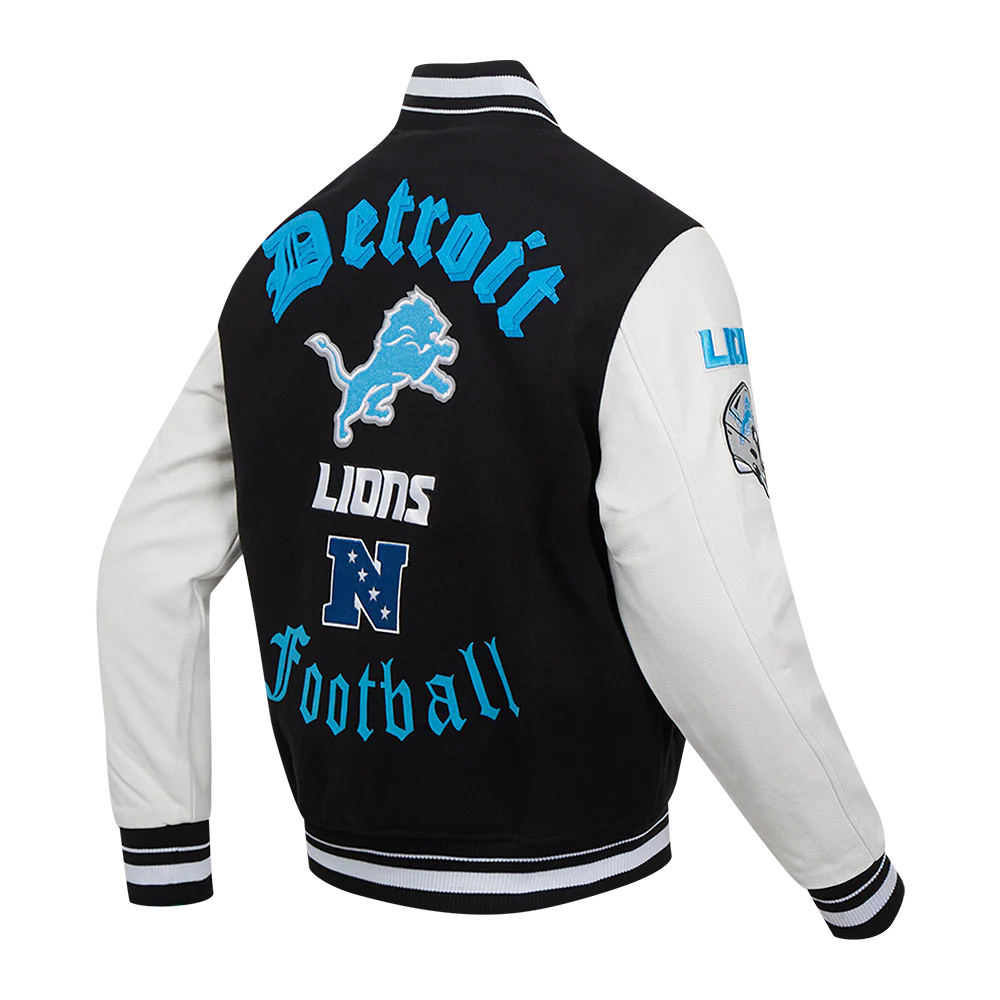 NFL DETROIT LIONS OLD ENGLISH MEN'S RIB WOOL VARSITY JACKET (BLACK/WHITE) - Image 4