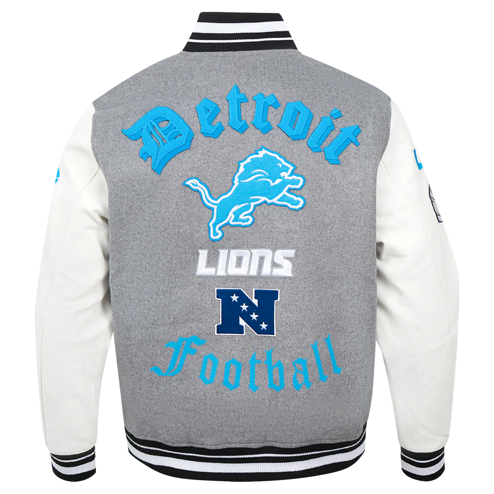 NFL DETROIT LIONS OLD ENGLISH MEN'S RIB WOOL VARSITY JACKET (HEATHER GREY/WHITE/BLACK) - Image 3