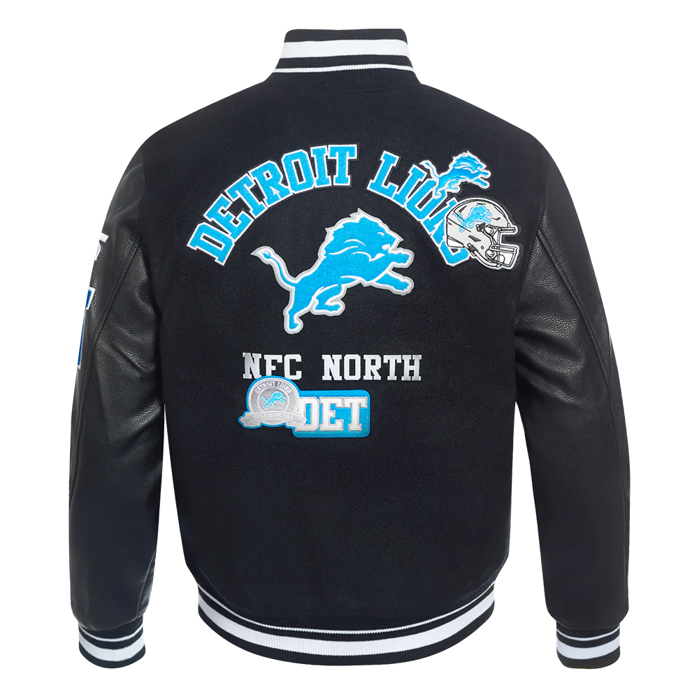 NFL DETROIT LIONS AREA CODE MEN'S RIB WOOL VARSITY JACKET (BLACK) - Image 3