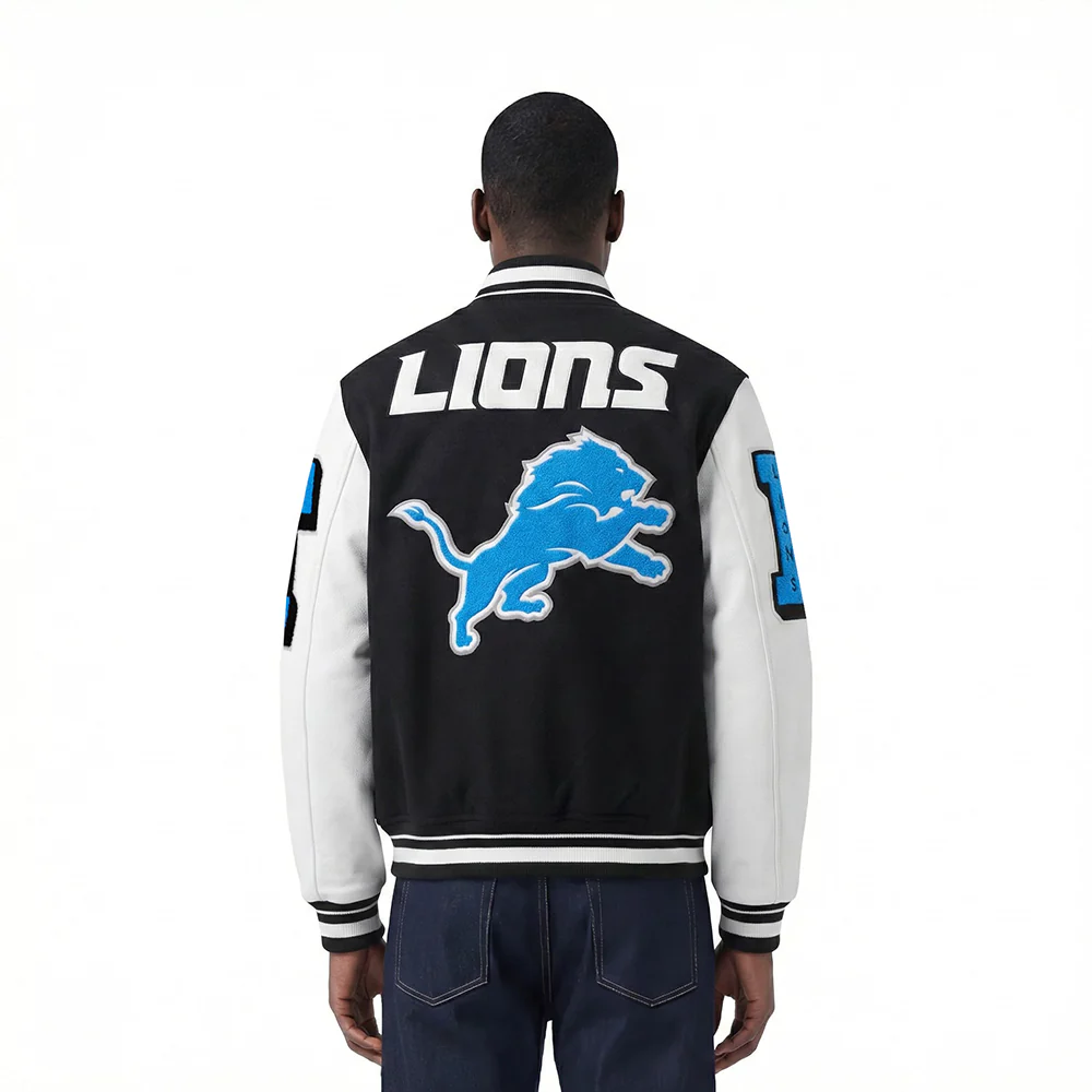 NFL DETROIT LIONS MASHUP MEN'S RIB WOOL VARSITY JACKET (BLACK/WHITE) - Image 2