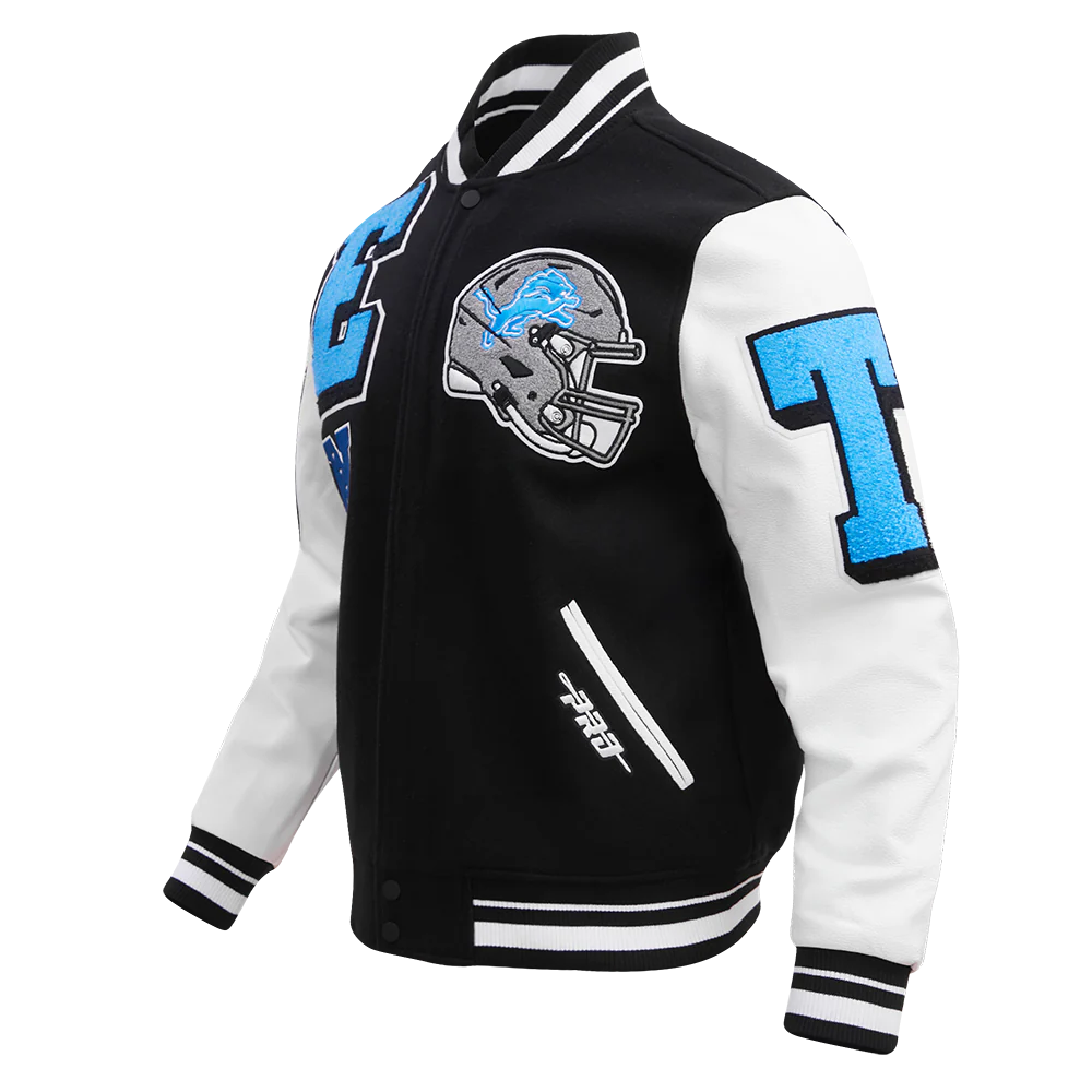 NFL DETROIT LIONS MASHUP MEN'S RIB WOOL VARSITY JACKET (BLACK/WHITE) - Image 4