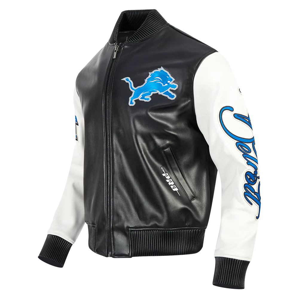 NFL DETROIT LIONS CITY SIGNATURE MEN'S LEATHER VARSITY JACKET (BLACK/WHITE) - Image 3