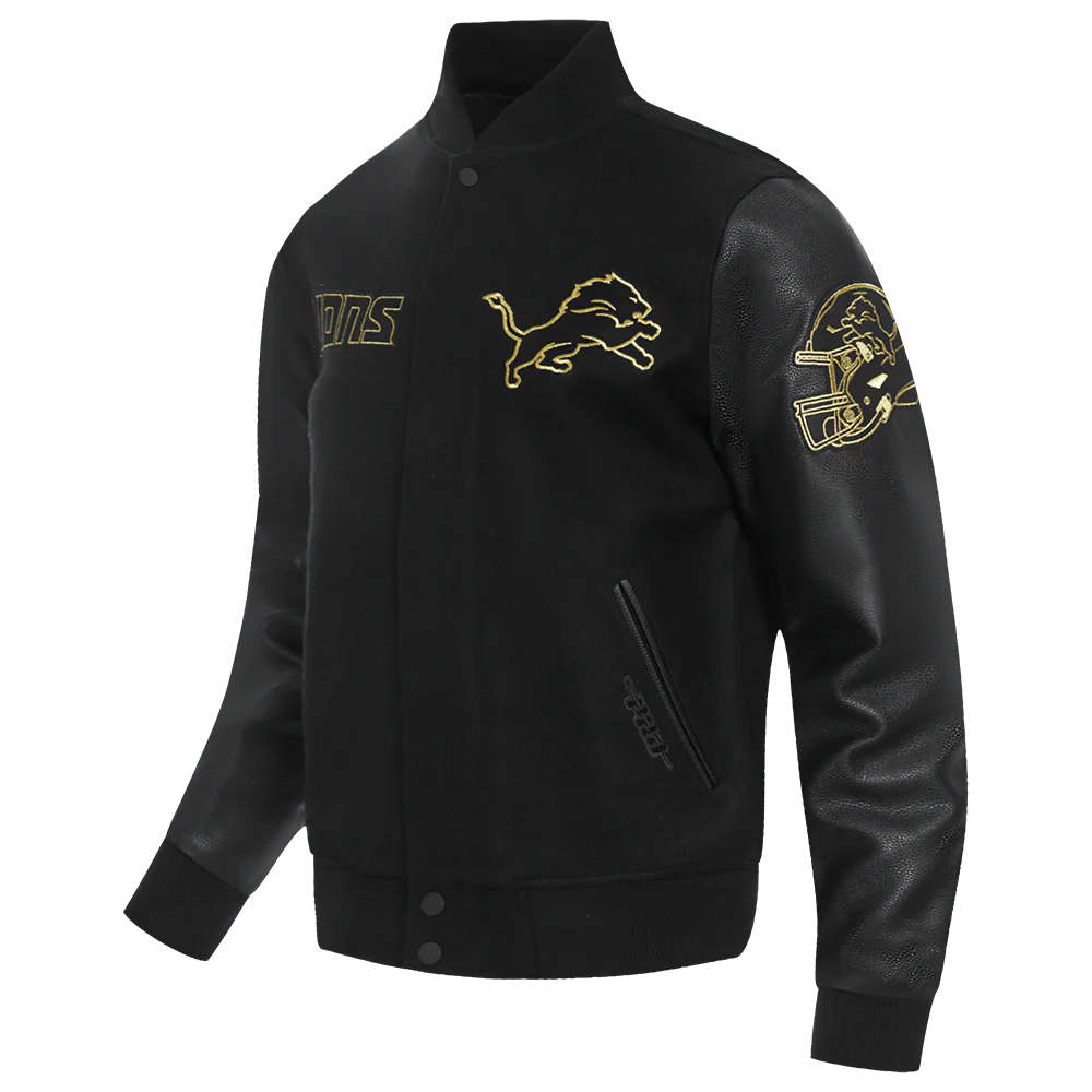 NFL DETROIT LIONS BLACK & GOLD MEN'S WOOL VARSITY JACKET (JET BLACK) - Image 2