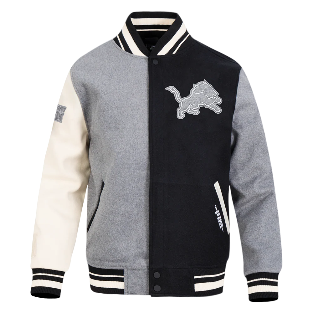 NFL DETROIT LIONS REVERSE FRENCH TERRY MEN'S COLOR BLOCK WOOL VARSITY JACKET (BLACK/GRAY/EGGSHELL)