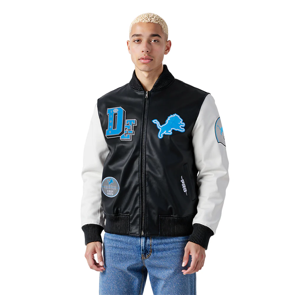 NFL DETROIT LIONS BEST OF MEN'S LEATHER VARSITY JACKET (BLACK/WHITE) - Image 2