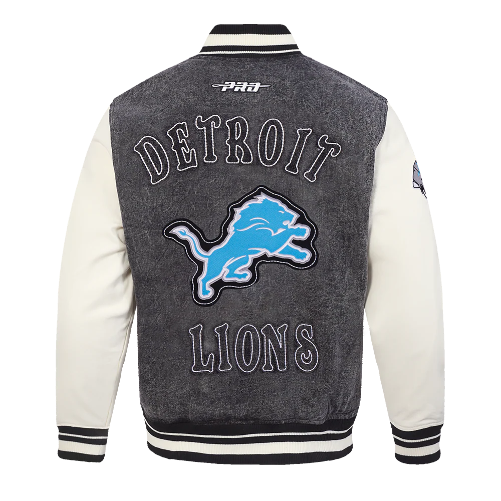 NFL DETROIT LIONS REBEL ATHLETICS MEN'S DENIM VARSITY JACKET (WASHED BLACK/EGGSHELL) - Image 5