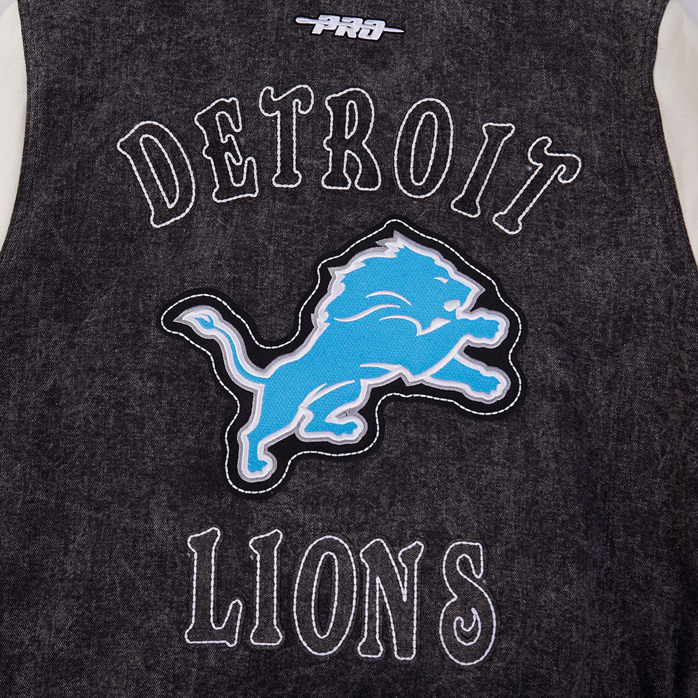 NFL DETROIT LIONS REBEL ATHLETICS MEN'S DENIM VARSITY JACKET (WASHED BLACK/EGGSHELL) - Image 9
