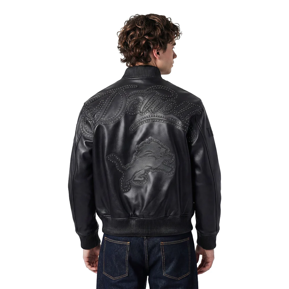 NFL DETROIT LIONS BLACKOUT MEN'S LEATHER VARSITY JACKET (JET BLACK)