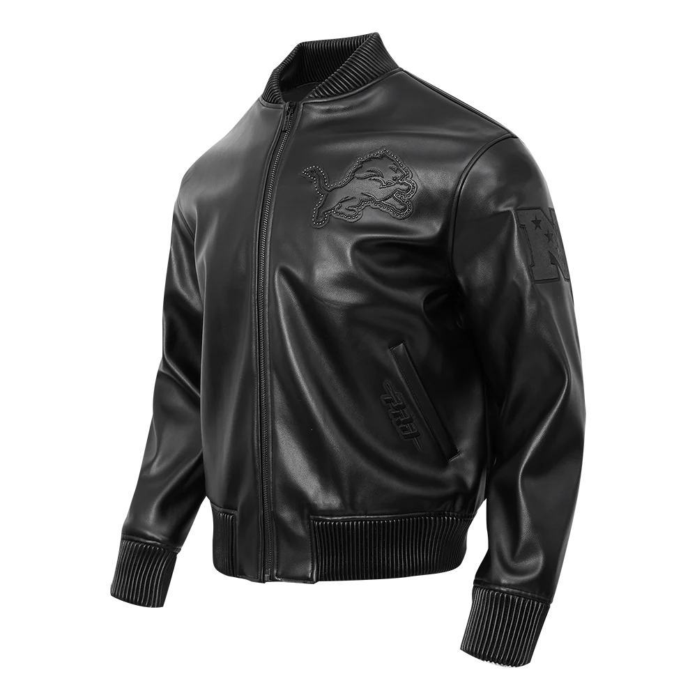 NFL DETROIT LIONS BLACKOUT MEN'S LEATHER VARSITY JACKET (JET BLACK) - Image 3