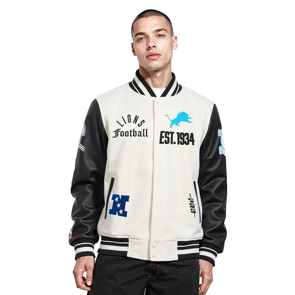 NFL DETROIT LIONS MODERN ORIGINALS MEN'S RIB WOOL VARSITY JACKET (EGGSHELL/ BLACK)
