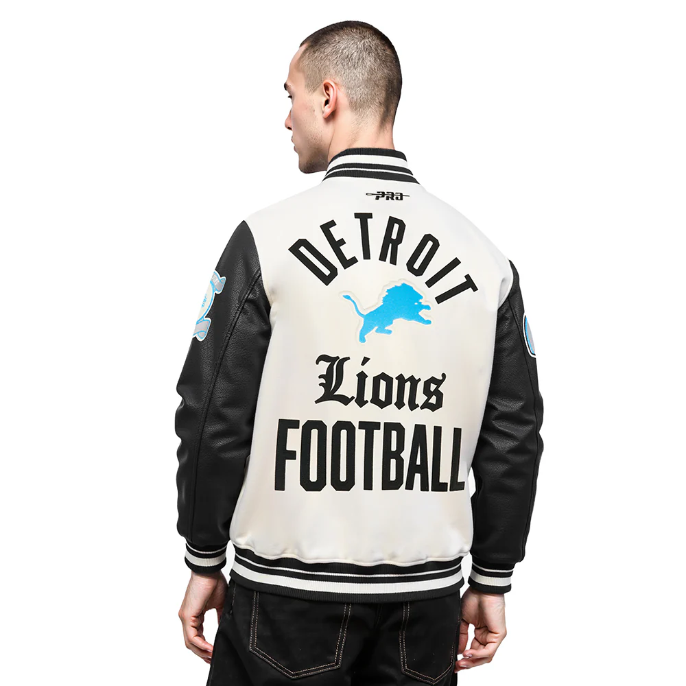 NFL DETROIT LIONS MODERN ORIGINALS MEN'S RIB WOOL VARSITY JACKET (EGGSHELL/ BLACK) - Image 2