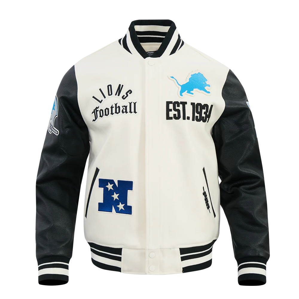 NFL DETROIT LIONS MODERN ORIGINALS MEN'S RIB WOOL VARSITY JACKET (EGGSHELL/ BLACK) - Image 3