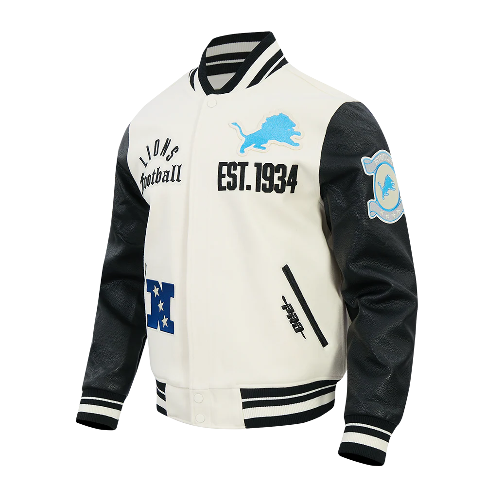 NFL DETROIT LIONS MODERN ORIGINALS MEN'S RIB WOOL VARSITY JACKET (EGGSHELL/ BLACK) - Image 4