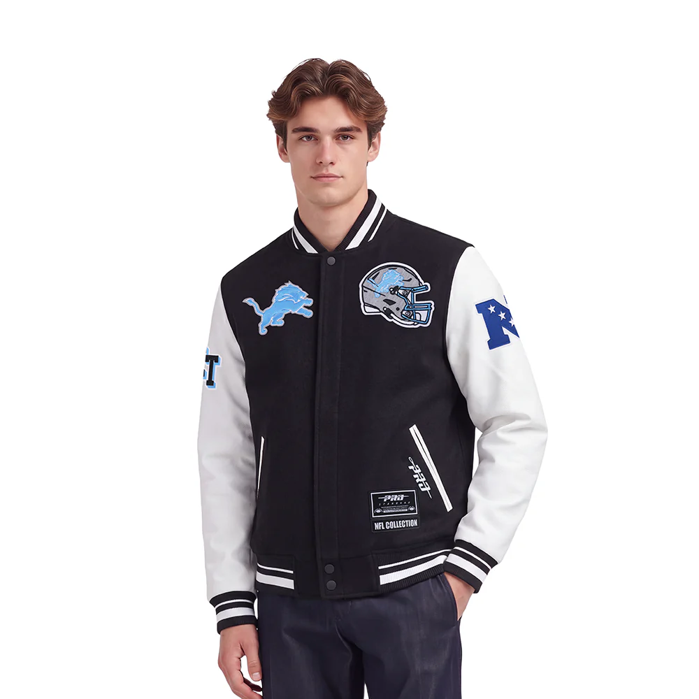 NFL DETROIT LIONS DAY ONE MEN'S VARSITY JACKET (BLACK/WHITE)