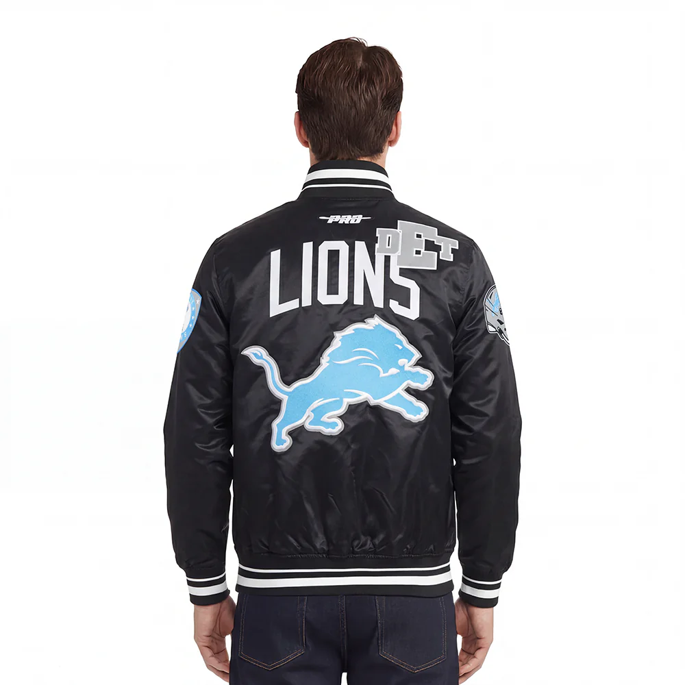 NFL DETROIT LIONS LETTERMAN MEN'S SATIN JACKET (BLACK) - Image 2