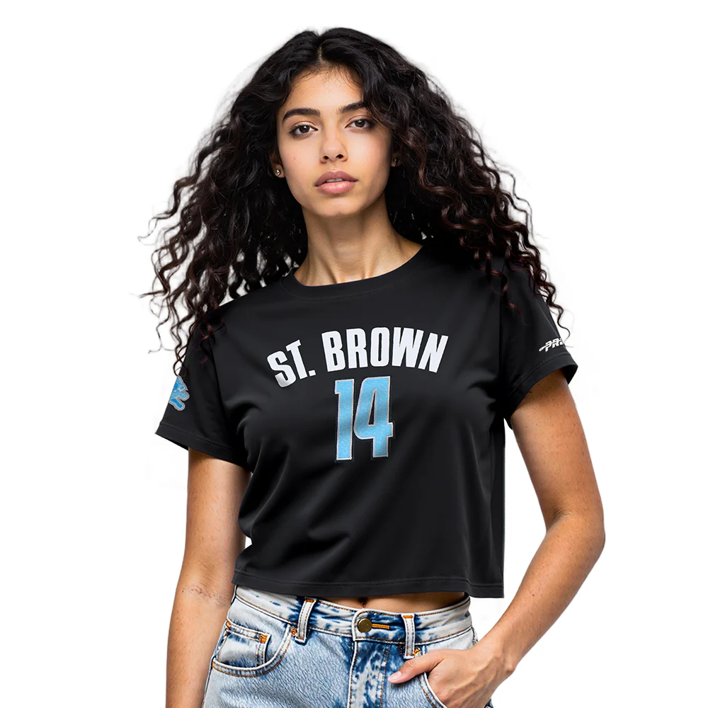 NFL DETROIT LIONS AMON RA ST. BROWN #14 CLASSIC PNN WOMEN'S SJ BOXY TEE (BLACK)