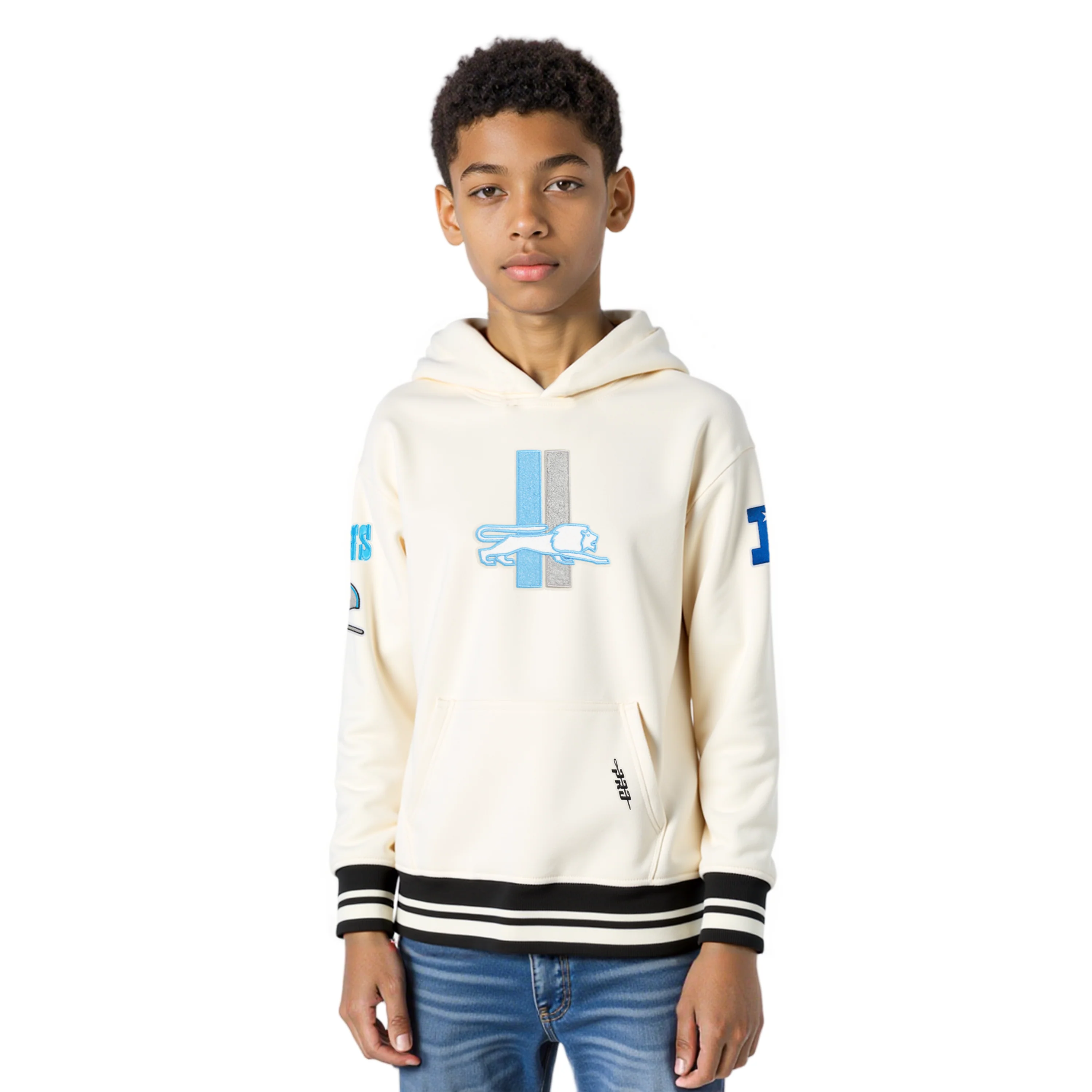 NFL DETROIT LIONS RETRO CLASSIC BIG BOYS RIB FLEECE PULLOVER HOODIE (EGGSHELL/ BLACK)
