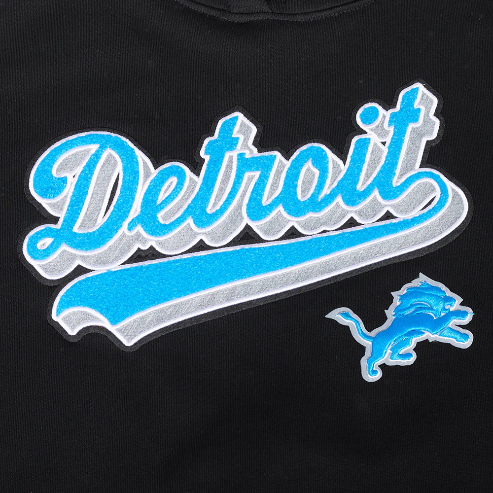 NFL DETROIT LIONS SCRIPT TAIL WOMEN'S RIB FLEECE CROPPED PULLOVER HOODIE (BLACK) - Image 5