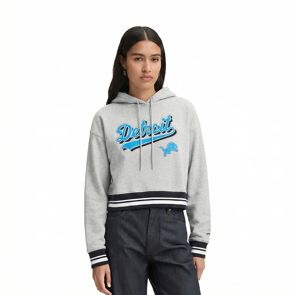 NFL DETROIT LIONS SCRIPT TAIL WOMEN'S RIB FLEECE CROPPED PULLOVER HOODIE (HEATHER GRAY/BLACK)