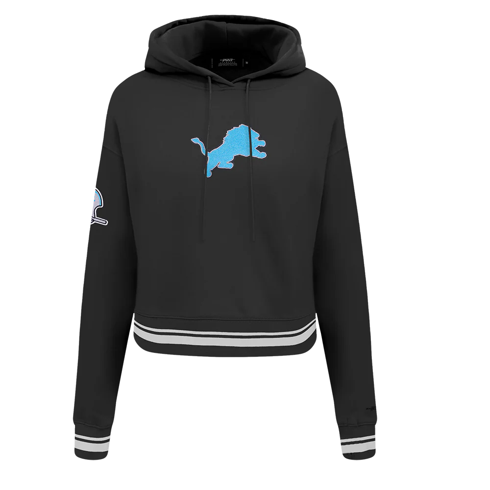 NFL DETROIT LIONS RETRO CLASSIC WOMEN'S RIB CROPPED FLEECE PULLOVER HOODIE (BLACK)