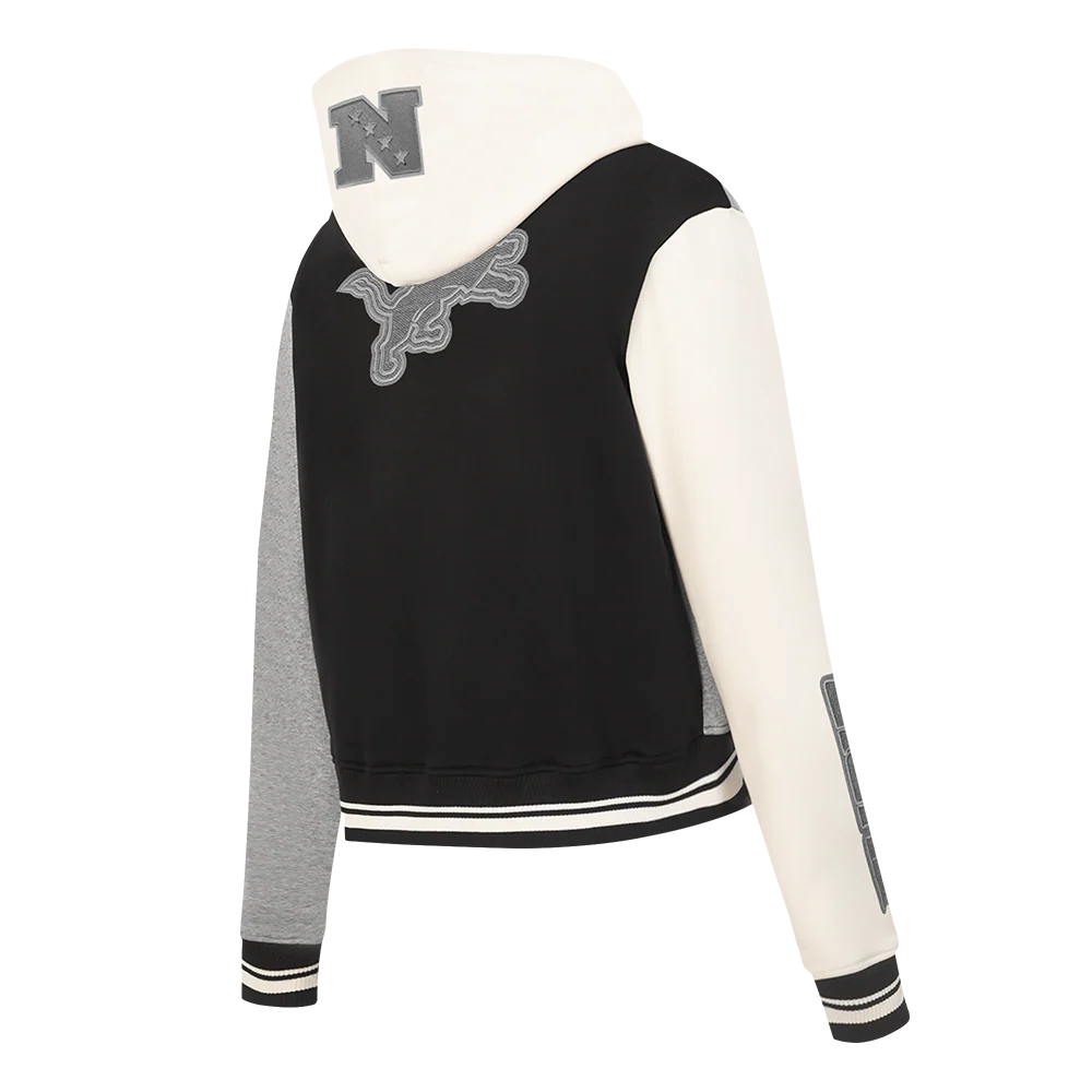 NFL DETROIT LIONS REVERSE FRENCH TERRY WOMEN'S COLOR BLOCK FLEECE FULL ZIP HOODIE (BLACK/GRAY/EGGSHELL) - Image 4