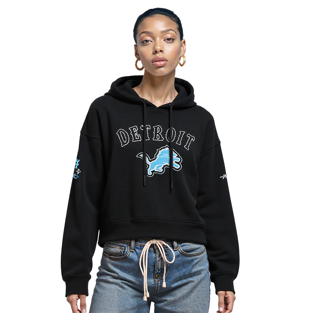 NFL DETROIT LIONS REBEL ATHLETICS WOMEN'S FLC CROPPED PO HOODIE (BLACK)