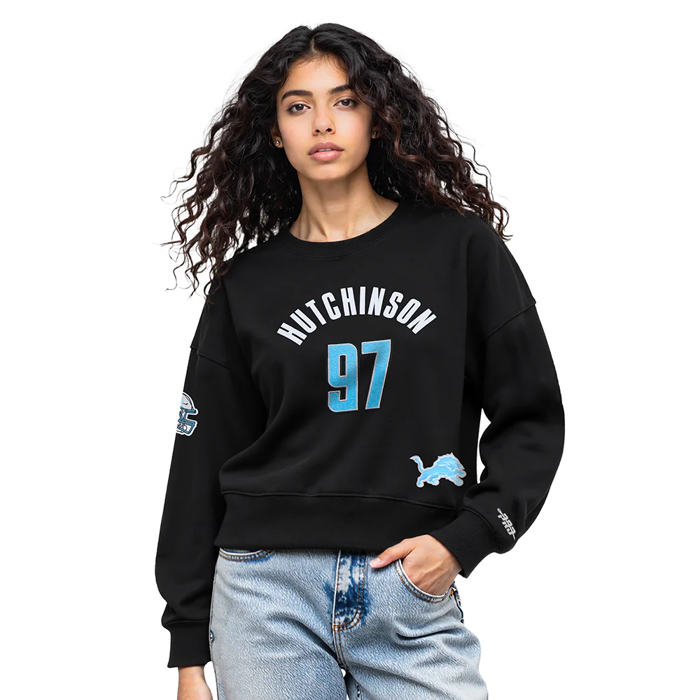NFL DETROIT LIONS AIDAN HUTCHINSON #97 CLASSIC PNN WOMEN'S FLC CREWNECK (BLACK)