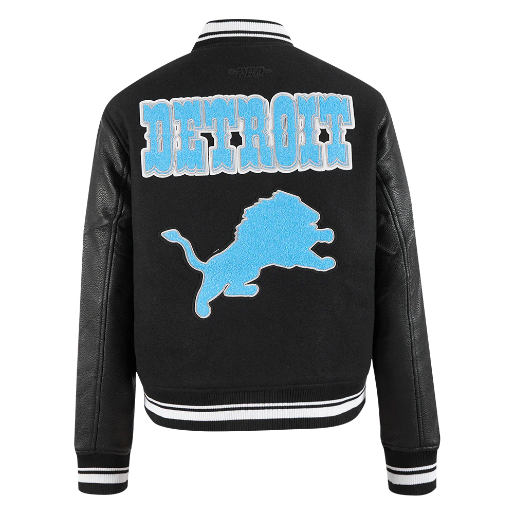 NFL DETROIT LIONS RETRO CLASSIC WOMEN'S RIB WOOL VARSITY JACKET (BLACK) - Image 3