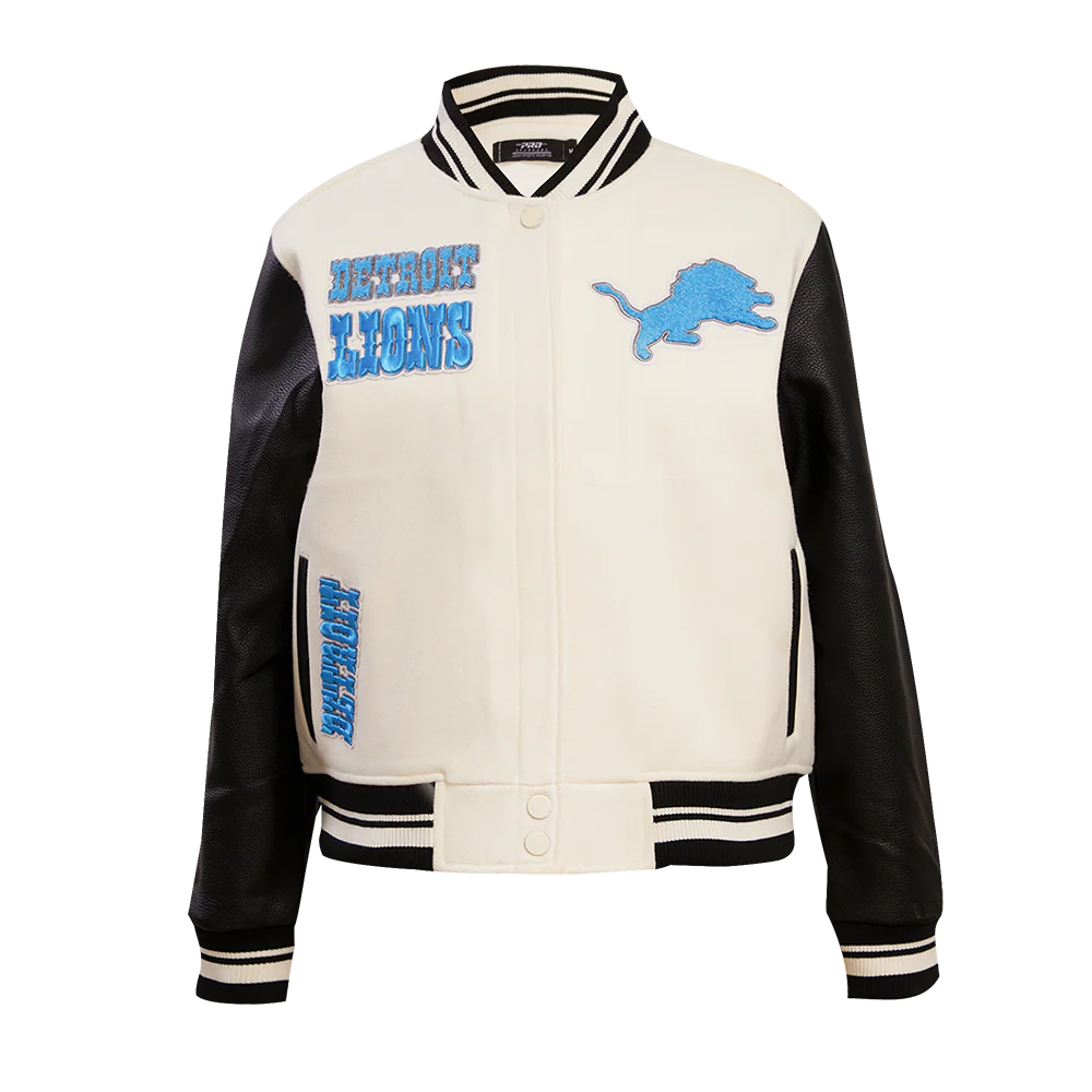 NFL DETROIT LIONS RETRO CLASSIC WOMEN'S RIB WOOL VARSITY JACKET (EGGSHELL/ BLACK)