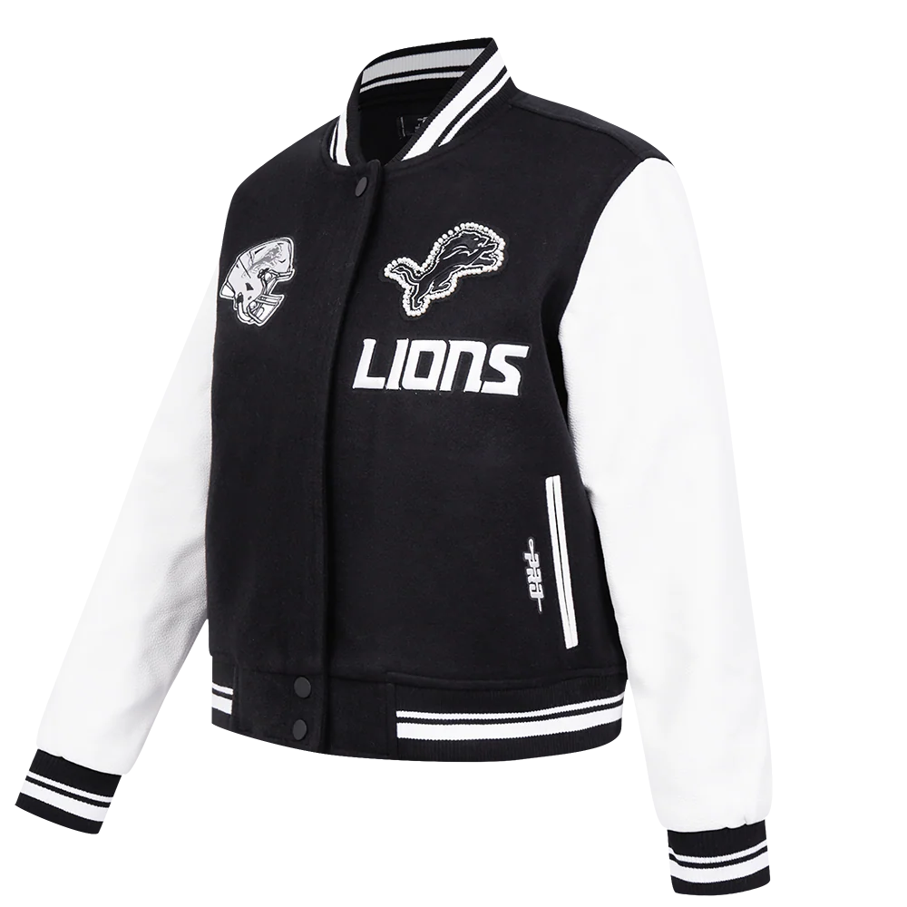 NFL DETROIT LIONS PEARLS WOMEN'S RIB WOOL VARSITY JACKET (BLACK/WHITE) - Image 2