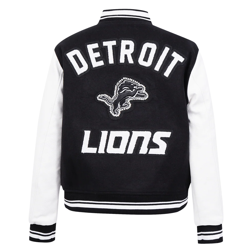 NFL DETROIT LIONS PEARLS WOMEN'S RIB WOOL VARSITY JACKET (BLACK/WHITE) - Image 3